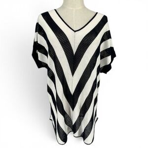 212 New York Womens XL Navy White Striped Open Knit V-Neck Sweater Top Nautical